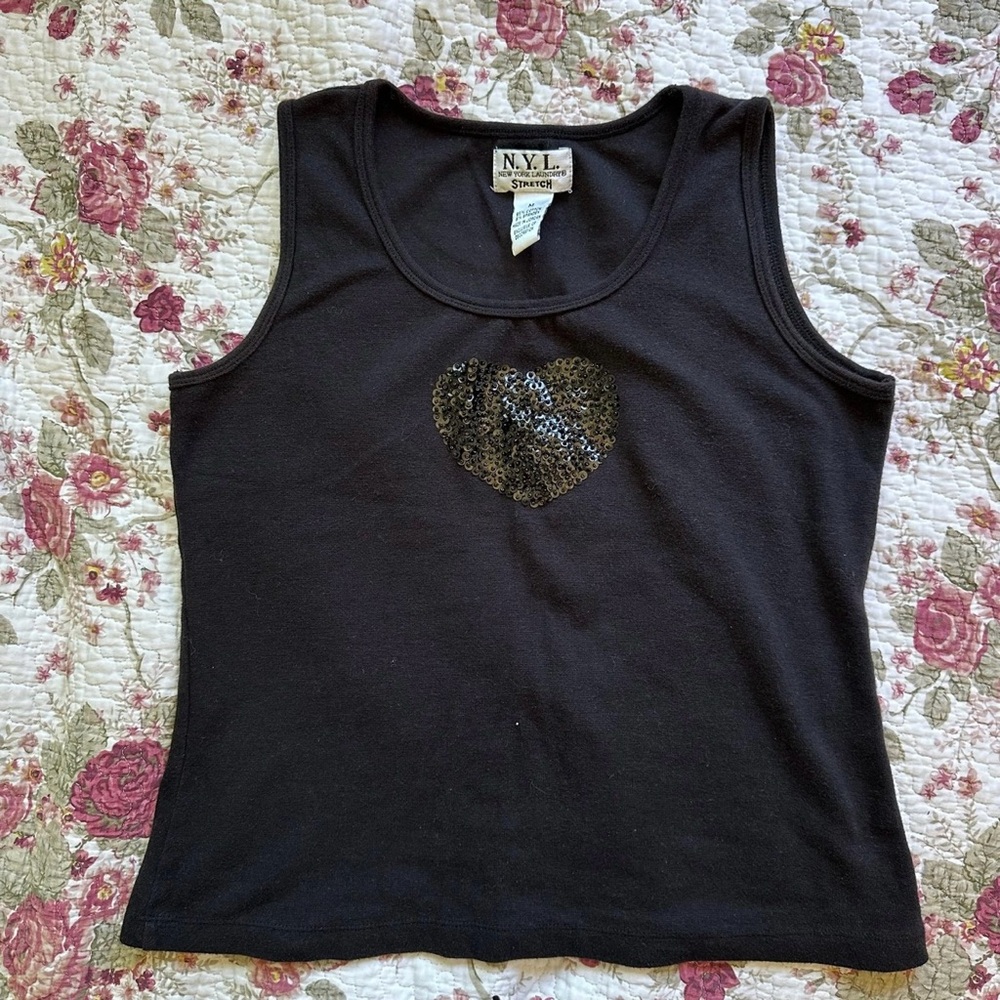 Vintage Black Tank Top with Sequin Heart